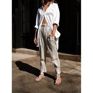 Free People Semi Sweet Pants Striped Cotton Trouser Tapered Paper Bag XS 216483